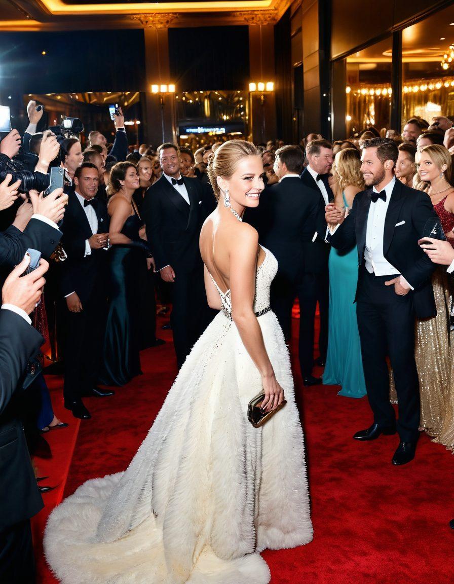 A glamorous red carpet scene with celebrities dressed in stunning gowns and tuxedos, capturing candid moments of joy and excitement. Include a shimmering velvet rope separating fans from the stars, flashes from paparazzi cameras lighting up the night. Add a backdrop of elegantly lit buildings and a stylish crowd. cinematic style. vibrant colors. 3D.
