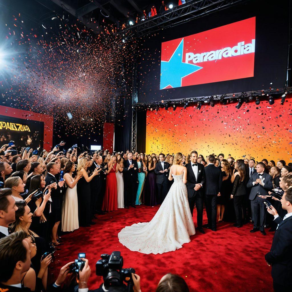 A dazzling Hollywood red carpet scene featuring glamorous celebrities mingling and showcasing the latest fashion trends, with flashes from paparazzi cameras and confetti in the air. In the background, a large screen flashing headlines about the latest scandals and trends. The atmosphere is vibrant and energetic, evoking a sense of excitement and intrigue. super-realistic. vibrant colors. cinematic.