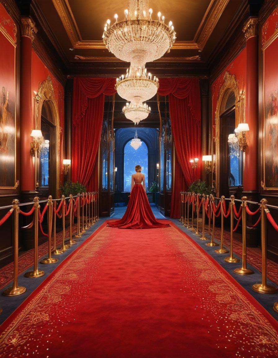 A glamorous red carpet scene bustling with celebrities in stunning outfits, surrounded by flashing cameras and excited fans. The backdrop features luxurious details like velvet ropes and twinkling lights, creating an aura of exclusivity. Incorporate whispers and intrigue visually represented by thought bubbles and hidden secrets. Vivid colors to enhance the luxurious and vibrant atmosphere. super-realistic. vibrant colors. cinematic.